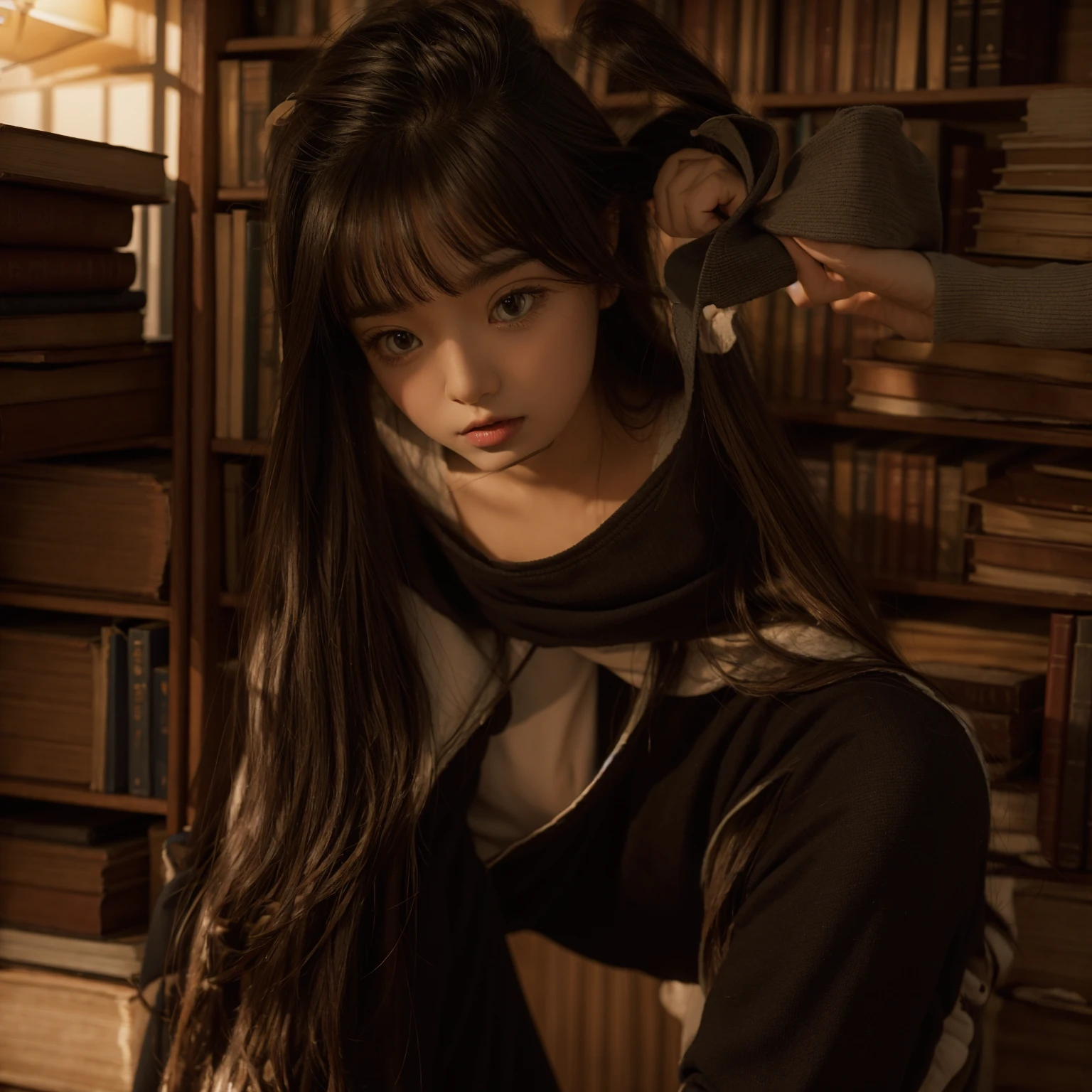 A , with books in hand, walks into the library alone