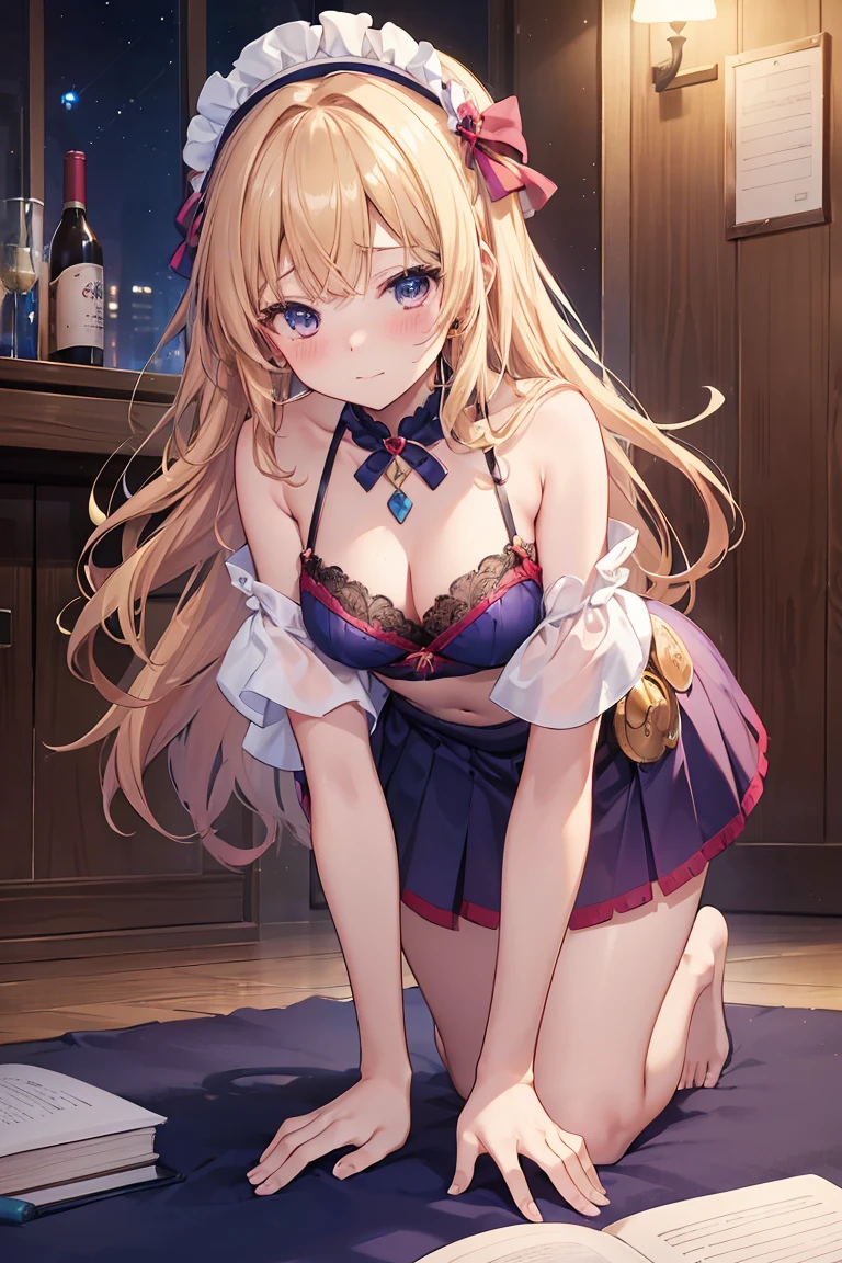 ((Highest quality、High resolution、Highly detailed CG Unity 8k wallpaper))、Adult female, Sexy Witch Cosplay, Long dark blonde wavy hair、Off-the-shoulder knit, Black pencil mini skirt, 、Medium Milk, blush, Embarrassed Laugh, Expose your shoulders、(Pose to lean forward and emphasize the chest)、Sexy purple and red bra、((blue and red lace panties))、Gorgeous magic wand and book、Hotel swimming pool、night、Sexy pose、Accentuate your butt、((Embarrassed expression))、On all fours