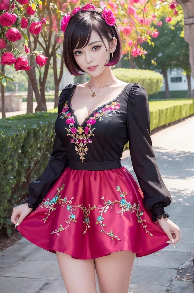 (masterpiece:1.4), (best quality:1.4), ultra high res, ultra high resolution, ((detailed facial features)), HDR, (realistic, photorealistic, photo-realistic:1.37), full body Esbian, sexy Vietnamese model, (-anime), vivid colors, ((vivid colors multicolor (red, fuchsia) very short hair)), (happy smile), lip-gloss, long lashes, ultra detailed metallic makeup, defined eyebrows, wearing large sparkling colorful jewelery, wearing a red silk Paradise Kiss cosplay dress with black floral embroidery, ((vivid colors outfit)), vivid colors, look at the camera, cinematic light, large park background with trees, sweet and sexy pose