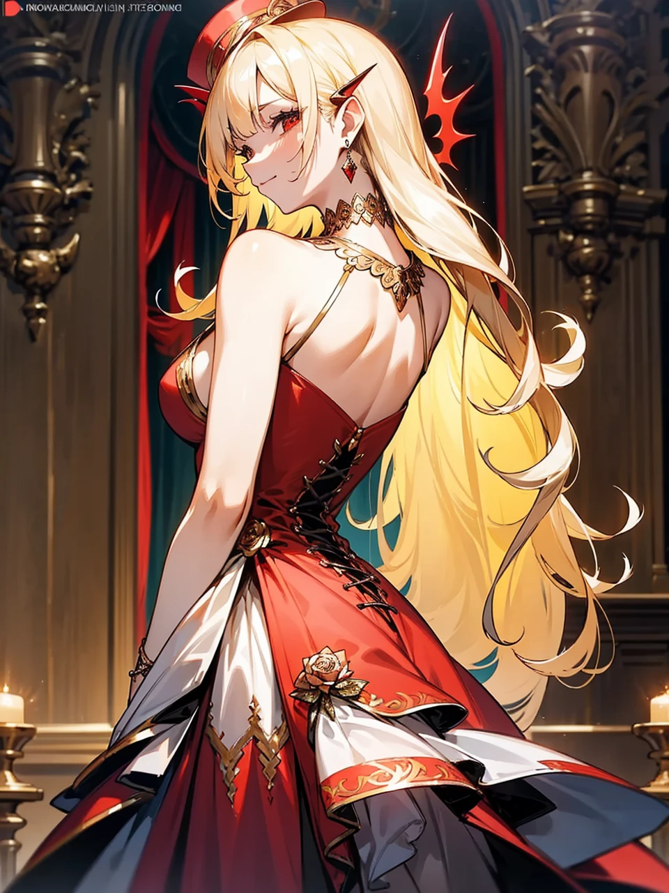 Add in roses to her dress, a good back dress design with some golden jewelry, make her dress into a red and white gown with a hat, give her some unique Jewelry, and make her look somewhat of a demonic angel like appearance to her