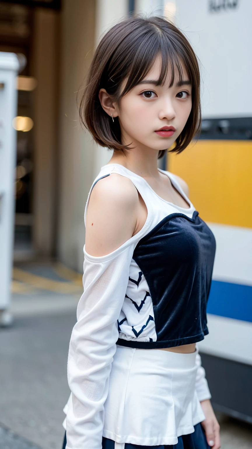 ((Velour fabric cheerleader uniform with blue, white, and red long-sleeved top and hemmed skirt showing skin on shoulders, back, and décolleté)), 1girl, (18 years old:1.5), (black medium hair:1.2), (bob cut:1.3), (blunt bangs:1.4), medium breasts, (perfect face:1.4), super detailed beautiful skin, (abs:0.7), (round face:1.5), (skinny:1.5), masterpiece, ultra high res, 8k, RAW photo, best quality, detailed shadow, amazing, finely detail, sharp focus, (standing naturally:1.5), (cowboy shot:1.3), (front view:1.5), (detailed and structured patterns:1.5), (looking at viewer:1.2),