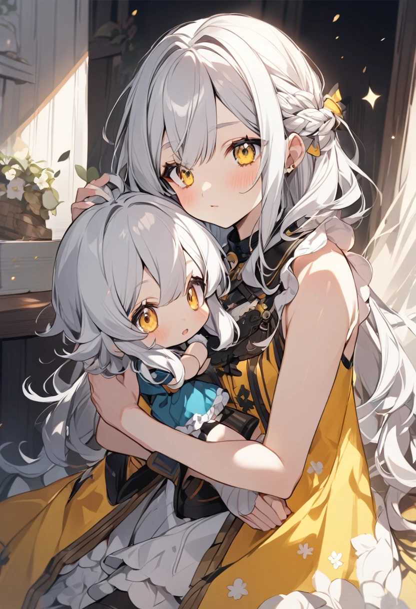 girl cute Holding a doll White Hair Yellow Eyes