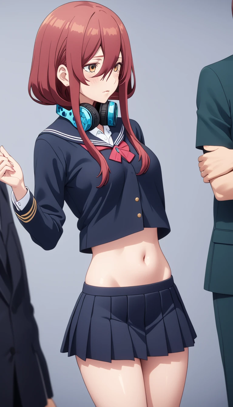 (Highest quality、Masterpiece、Very detailed、4K)、((((One Woman))))、17 years old、Brown Hair、short hair、(((Nakano Miku)))、headphone、chest、arm、((Beautiful navel))、((Beautiful thighs))、(((school uniform)))、(skirt)、((Are standing))