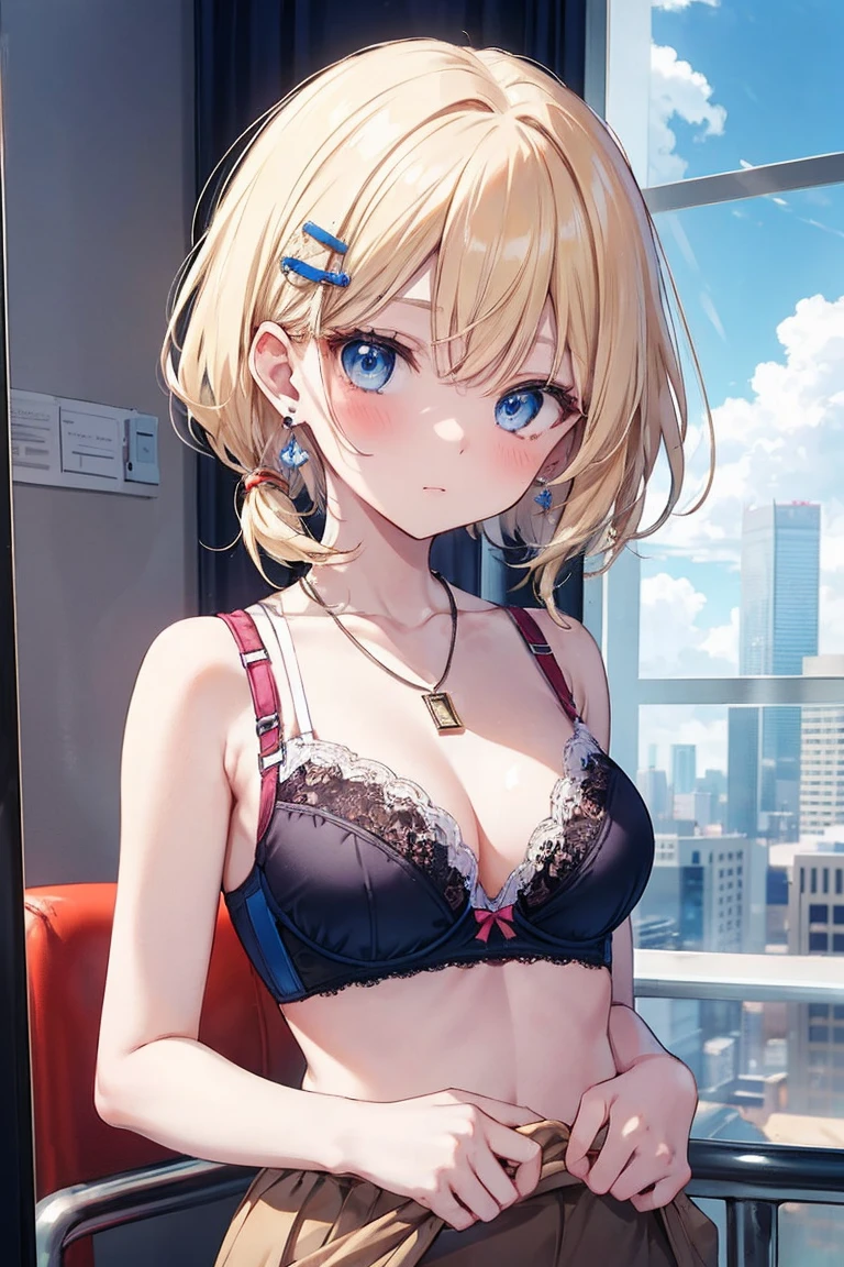 Absurd, Ultra-detailed,Bright colors, Very beautiful and detailed anime faces and eyes, View from the front, ;is, Shiny_skin,Age 25, (Lace sleeveless lift:1.6),(Fashionable bras:1.5) ,short hair,(Palace Bedroom) , Asymmetrical bangs, Blonde hair in short pigtails, Shiny Hair, iselicate beautiful face, blush、(iseep Blue Eyes:1.3), White skin, Barrette, Earrings, necklace, Brown clothes, Beautiful Clouds, isusk sky,