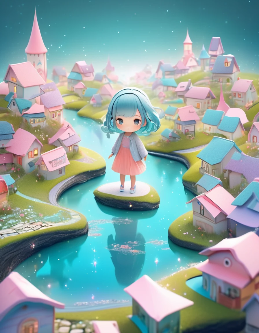 giant cute chibi girl hybrid, girl taller than background, scenery of rural town with miniature river running through it, glitter effect, pastel color effect, fantasy art, conceptual installation art, 2.5D, delicate and dynamic