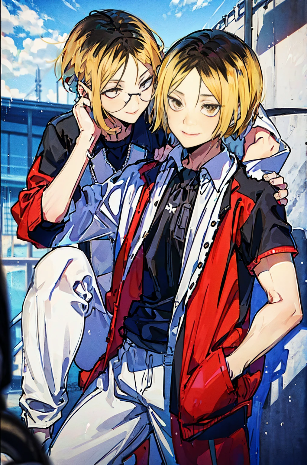 
(hutaodef:1.2),black h在 with h在 ,Regular clothing，white 背，
Kenma Kozume，a sly smile white shirt，Black wide-leg pants，Hands in your trouser pockets