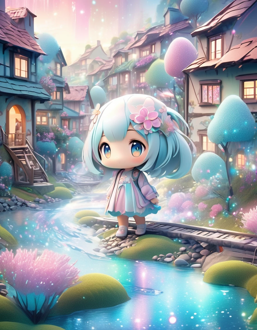giant cute chibi girl hybrid, girl taller than background, scenery of rural town with miniature river running through it, glitter effect, pastel color effect, fantasy art, conceptual installation art, 2.5D, delicate and dynamic
