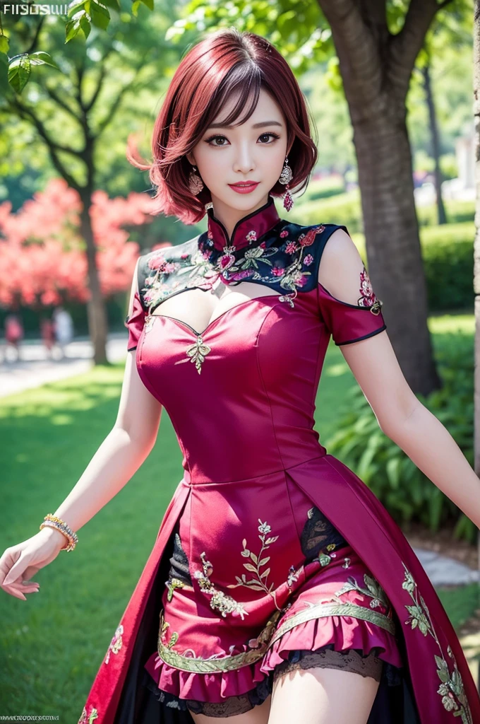 (masterpiece:1.4), (best quality:1.4), ultra high res, ultra high resolution, ((detailed facial features)), HDR, (realistic, photorealistic, photo-realistic:1.37), full body Esbian, sexy Vietnamese model, (-anime), vivid colors, ((vivid colors multicolor (red, fuchsia) very short hair)), (happy smile), lip-gloss, long lashes, ultra detailed metallic makeup, defined eyebrows, wearing large sparkling colorful jewelery, (wearing a red silk Paradise Kiss cosplay dress with black floral embroidery), ((vivid colors outfit)), vivid colors, look at the camera, cinematic light, large park background with trees, sweet and sexy pose