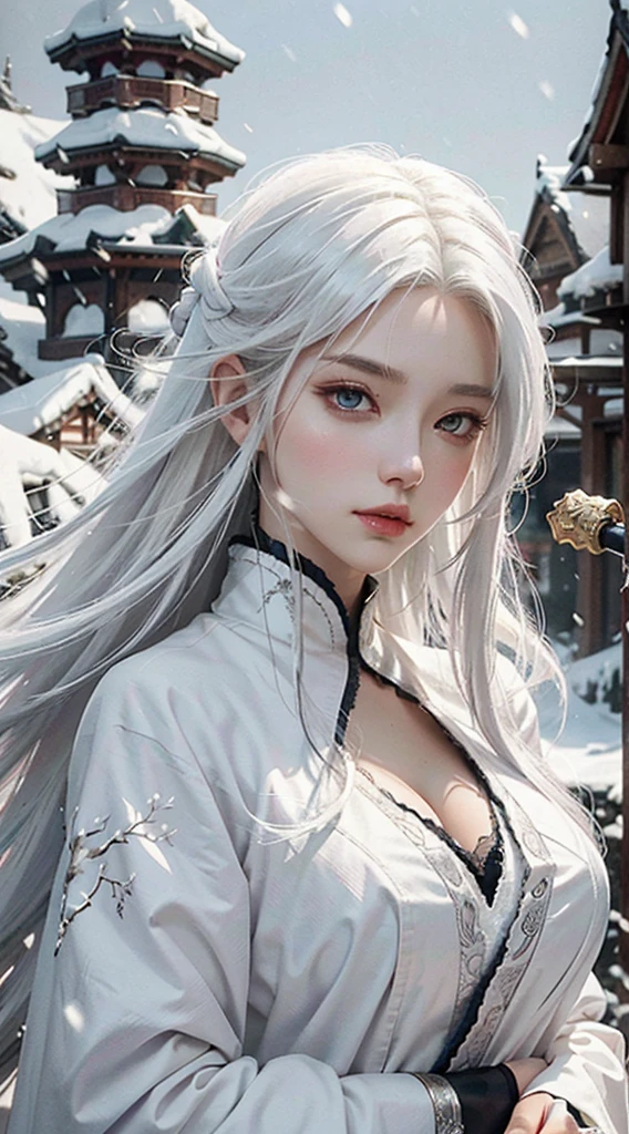 a close up of a person with white hair and a sword, white haired deity, with white long hair, with long white hair, artwork in the style of guweiz, white haired, guweiz, handsome guy in demon slayer art, beautiful character painting, by Yang J, white-haired, guweiz on pixiv artstation, anime character,purple clothing,snow,C-cup breasts,in the palace