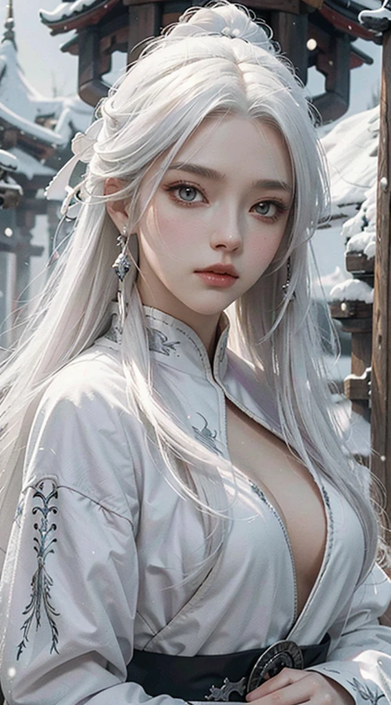 a close up of a person with white hair and a sword, white haired deity, with white long hair, with long white hair, artwork in the style of guweiz, white haired, guweiz, handsome guy in demon slayer art, beautiful character painting, by Yang J, white-haired, guweiz on pixiv artstation, anime character,purple clothing,snow,C-cup breasts,in the palace