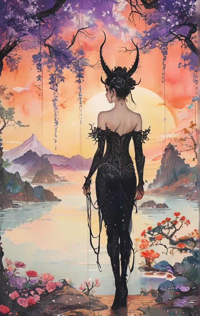 A white dragon lies in the middle of an endless field full of purple flowers, surrounded by snow-capped mountains and a blue sky sparkling with golden sunset rays. The whole scene is filled with a dreamy atmosphere, with vibrant colors and detailed background elements rendered in high resolution and detailed in a top quality illustration style. (Highest quality,4K,8K,High resolution,masterpiece:1.2),Super detailed,(Realistic,photoRealistic,photo-Realistic:1.37),Hot thick succubus mom with long black hair, deep black lips, She wears a revealing black leather outfit with BDSM themes.. Her outfit consists of a seductive bustier, accentuate her voluptuous figure. Her skin is a captivating shade of fiery red, Exudes a devilish charm. A pair of majestic demon wings gracefully grow from her back., Intricately detailed and intricately painted patterns. On her head, She has enchanted tiefling horns, Embodying her other-dimensional existence. The artwork should capture her captivating aura., Showing her confidence and strength. The lighting in the scene should accentuate the seductive curves of her body., Project dramatic shadows and highlights. The color palette should evoke a sense of darkness and desire., Rich black contrast, red, deep chestnut color.