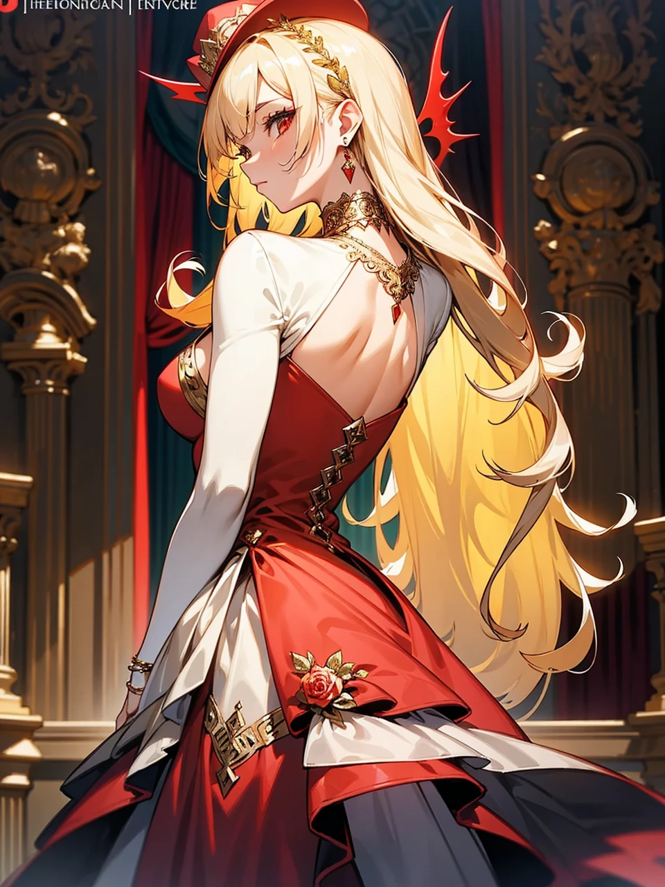 Add in roses to her dress, a good back dress design with some golden jewelry, make her dress into a red and white gown with a hat, give her some unique Jewelry, and make her look somewhat of a demonic angel like appearance to her