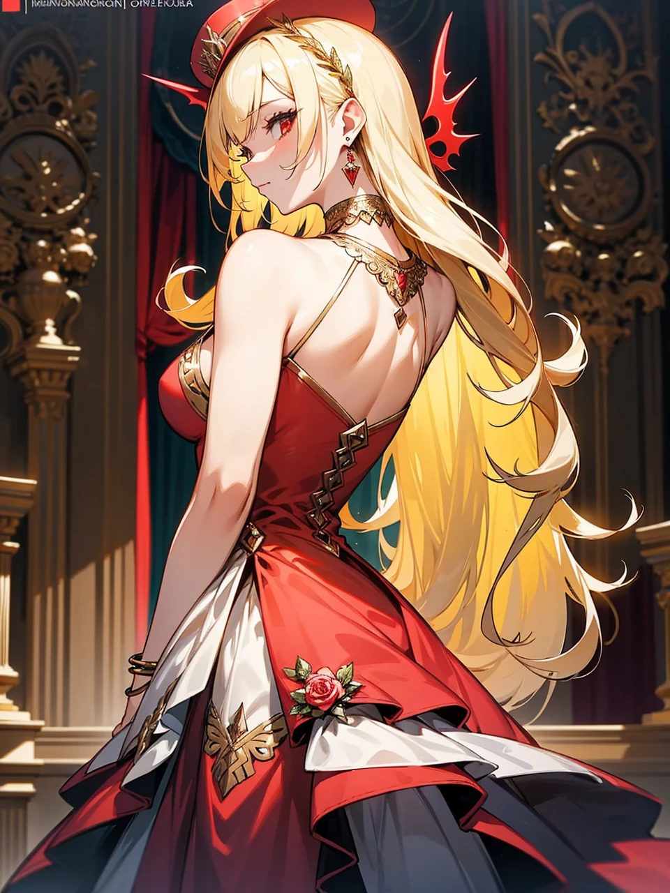 Add in roses to her dress, a good back dress design with some golden jewelry, make her dress into a red and white gown with a hat, give her some unique Jewelry, and make her look somewhat of a demonic angel like appearance to her