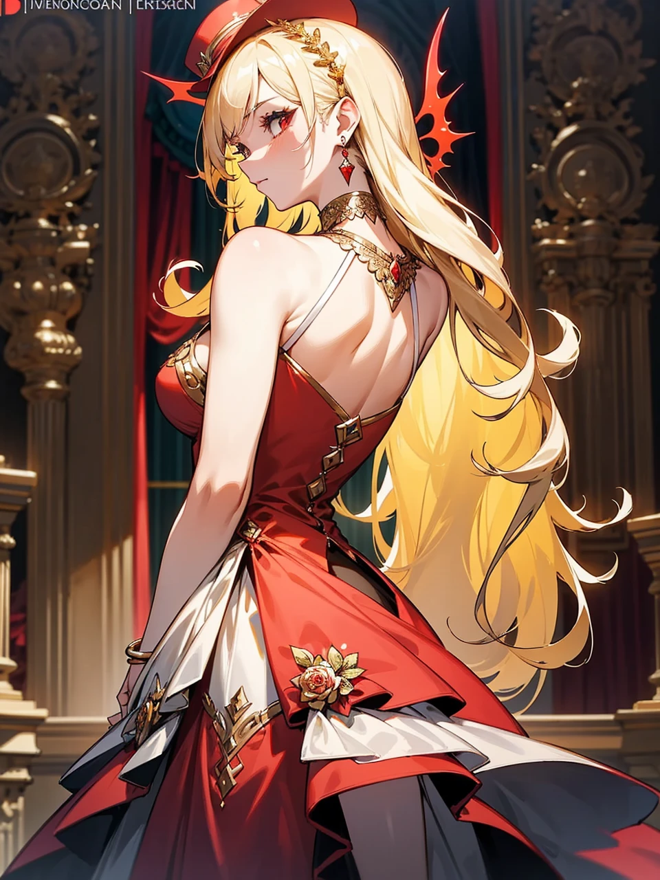 Add in roses to her dress, a good back dress design with some golden jewelry, make her dress into a red and white gown with a hat, give her some unique Jewelry, and make her look somewhat of a demonic angel like appearance to her