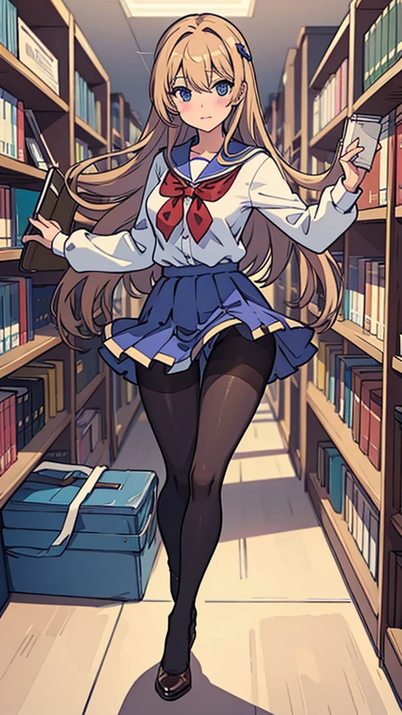 Pantyhose,high school girl,whole body,library,
