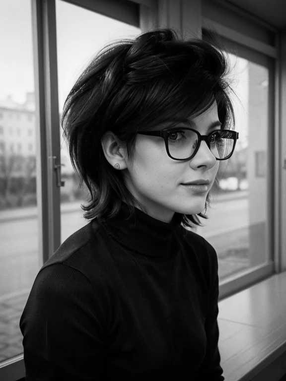 ((Monochrome Photography)), (black and white image), masterpiece, photo paper effect, Film grain, (((raw monochrome photo of a Soviet student in the style of the 80s))), filmed"Svema", Humanity, charming chubby Russian informal student 18 years old with aesthetic soft small natural breasts with beautiful soft pink nipples, round face, round cheeks, round chin, beautiful proportional small wide nose, Realistic expressive dark brown eyes, long eyelashes, Sarcastic Look, glasses with lenses, plump sensual lips, ironic one-sided half-smile, ear piercing, very tousled dark brown tousled short hair, short, tousled, disheveled hair combed into a mohawk(rebellious 80s punk hairstyle), highlighting strands in fiery orange color, black turtleneck sweater, (Soviet clothing style of informals of the 80s), Portrait-Medium shot, Outdoors, sunny day, natural natural light, realistic human skin textures, Realistic clothing textures, realistic glasses with distorting lenses, reflections of sunlight on glasses lenses, A great backstory(Leningrad 1985),