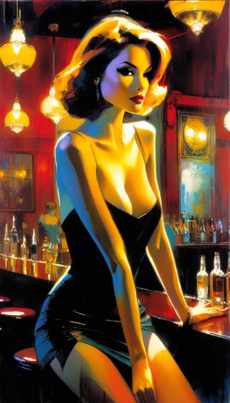 elegant and sexy girl in a pub (art inspired by Bill Sienkiewicz). oil painting)