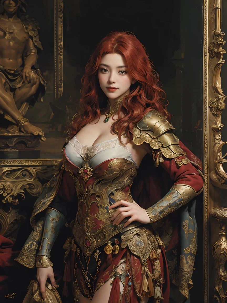 fechin oil painting style, oil brush strokes, large color blocksdisney,in the Palace of Westminster,a female Amazon, medieval theme, (((masterpiece))), ((best quality)), ((intricate detailed)), ((Hyperrealistic)), woman, perspective, highly detailed, illustration, 1 girl, perfect hands, detailed fingers, beautiful detailed eyes, red hair (fantasy:1.2), armor, detailed background, fierce seductive look, dynamic view,dynamic pose, perfect proportions, very long wavy ruby hair, nightime