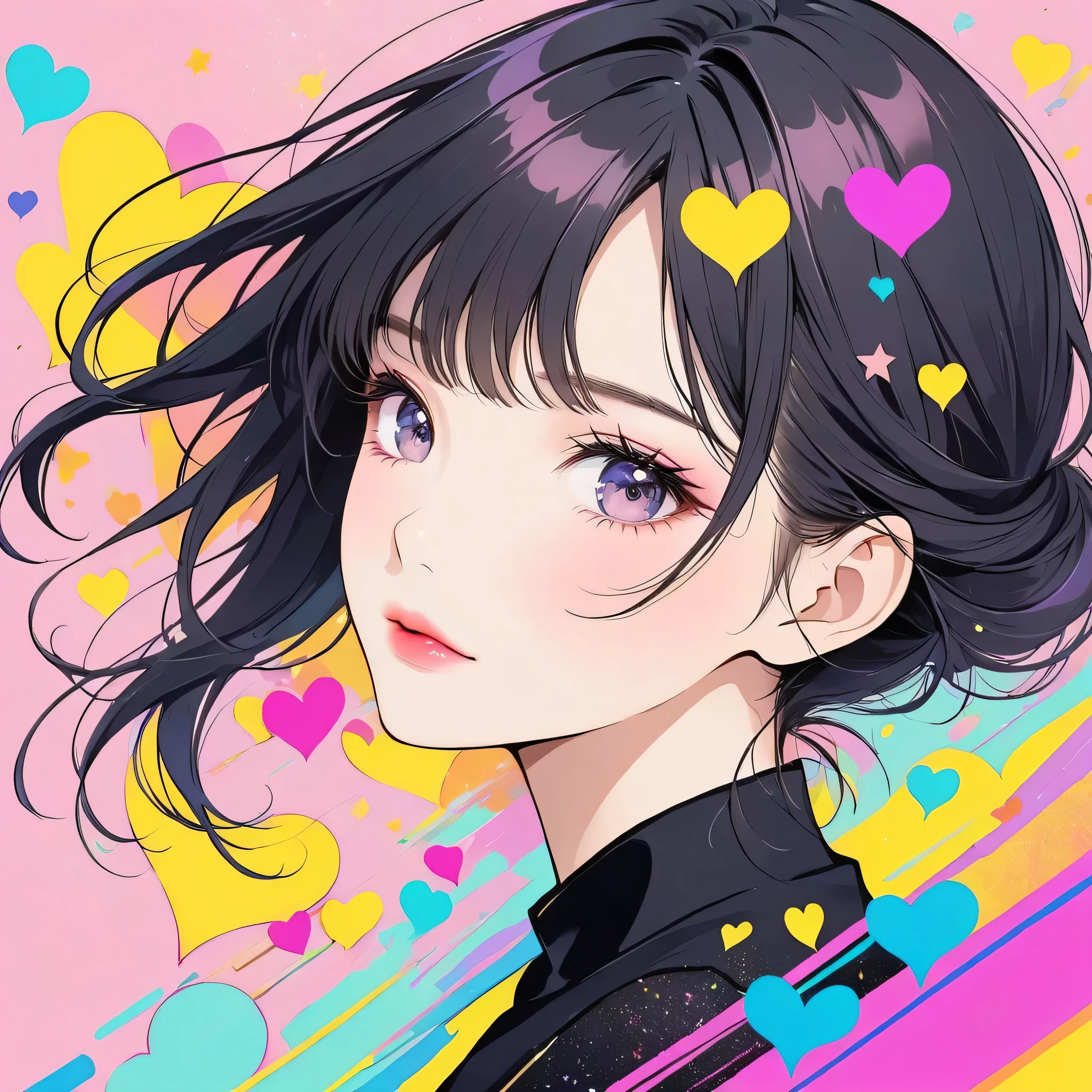 Black Star pastel color style, Simple Line Initialism,Abstract art,Urban Background, (((The most beautiful girl of all time))), Sweet face. Lips in love, colorful hearts, stylish design