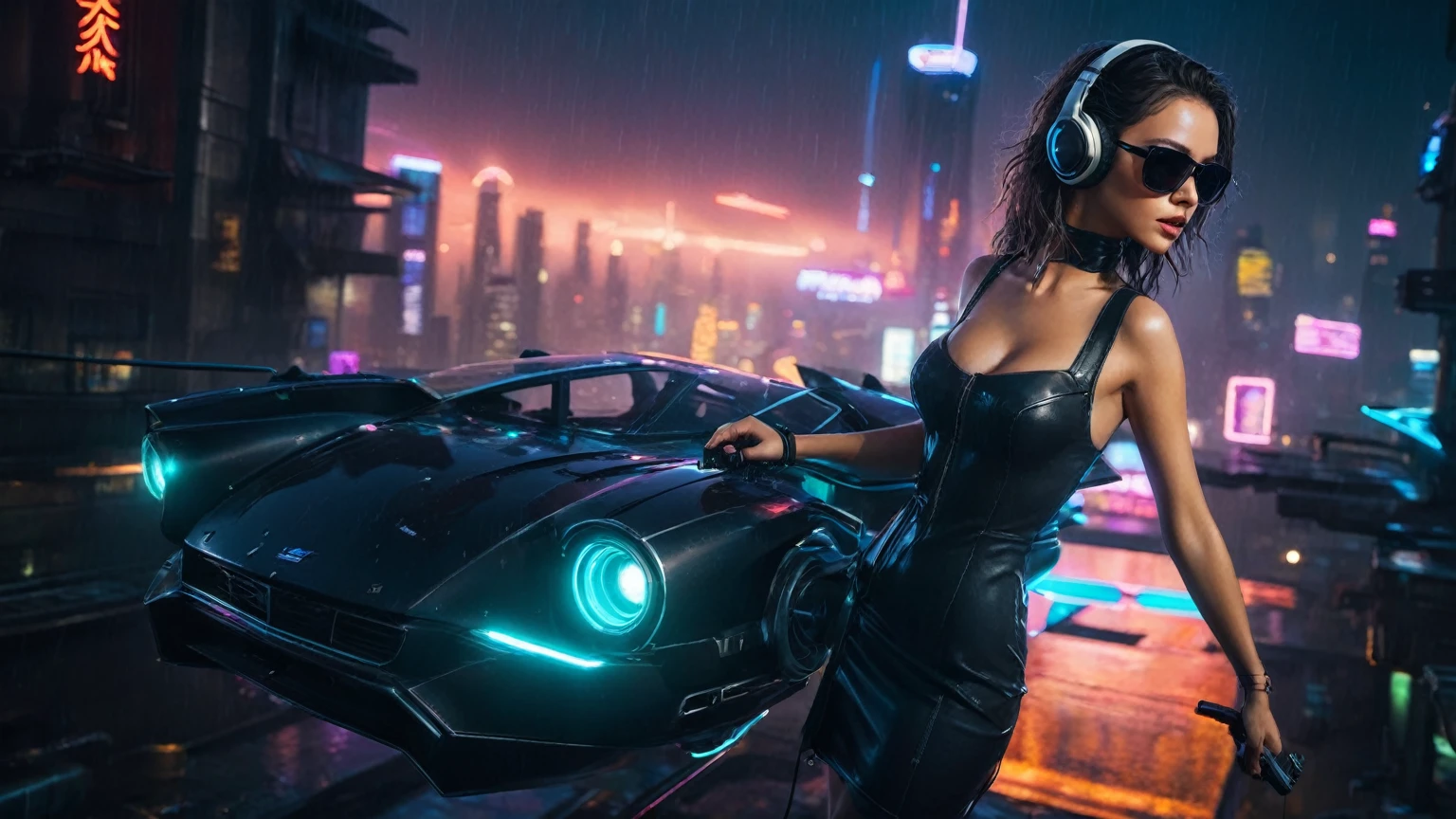 (aerial view, a flying cars docking platform, a very dark abandoned futuristic city, neon lights), rainy night. (((1girl, solo, alone))), large-breast:1.2 slim body, cleavage:1.1, sexy wind blowing wet dress:1.4, (((headphone, black sunglasses, standing and holding pistol:1.8, dynamic rushing pose))), (((((half-body thigh level medium shot))))), cinematic lighting, lens flare, ray tracing.