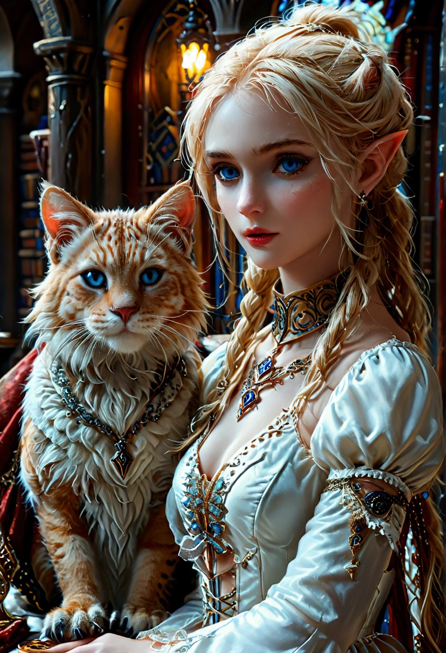 arafed a picture of elf vampire in her castle and her pet epic cat an exquisite beautiful female elf vampire (ultra details, Masterpiece, best quality), bloody mouth blond hair, pale skin, hair in a ponytail, long hair, blue eyes, small pointed ears, cold eyes, smirking, wearing white dress (ultra details, Masterpiece, best quality), red cloak, in dark fantasy library, with an ((big cat: 1.3)) (ultra details, Masterpiece, best quality: 1.5) book shelves, arafed high details, best quality, 16k, [ultra detailed], masterpiece, best quality, (ultra detailed), full body, ultra wide shot, photorealism, RAW, dark fantasy art, gothic art, ArmoredDress, Dark Novel, Dark Art Painting Style, dripping blood