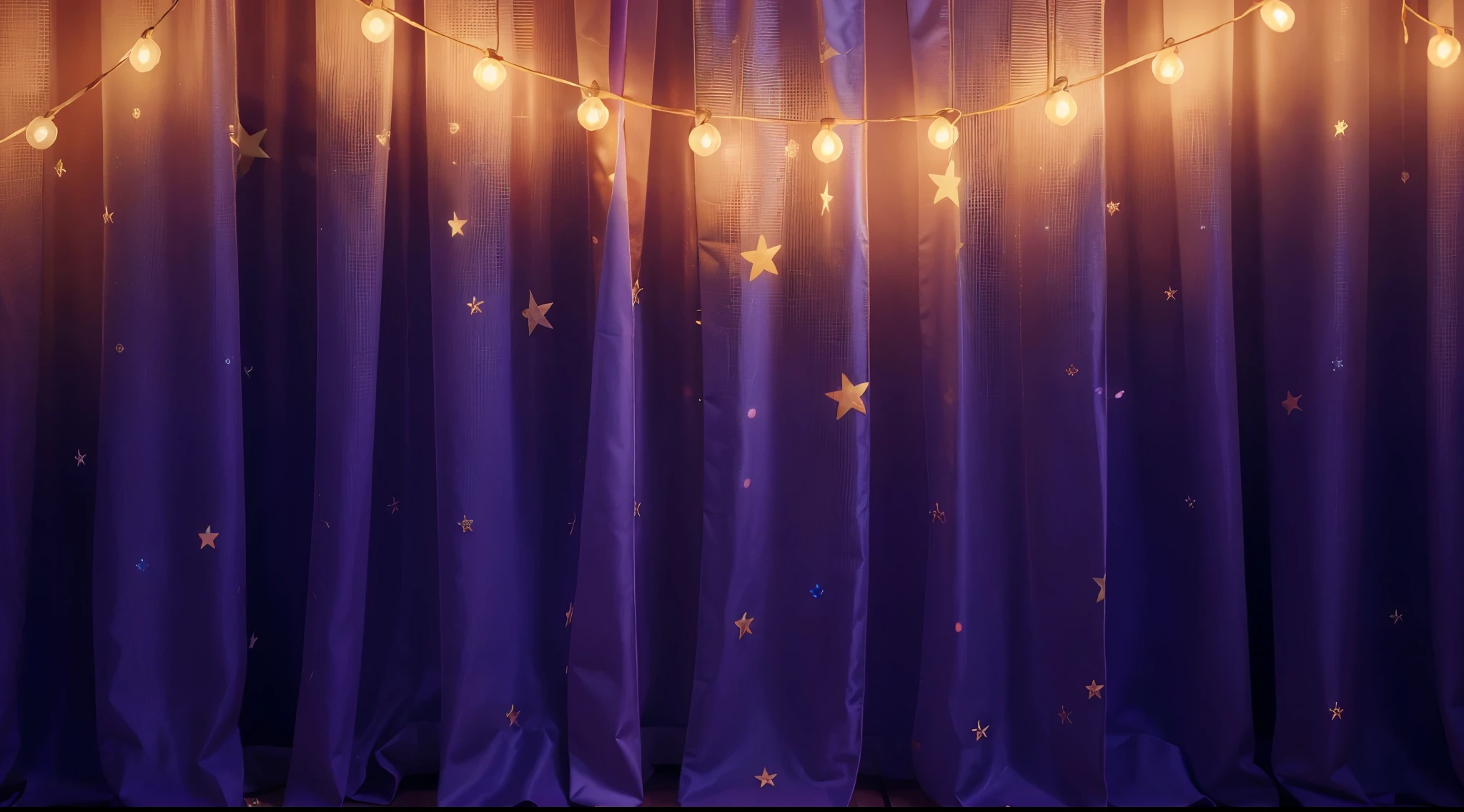 The image presents a charming view of a children's cot set against a backdrop of deep purple curtains adorned with twinkling stars. The cot features a sturdy, warm orange frame, complementing the magical atmosphere. Overhead, a string of glowing, warm yellow lights adds a gentle, comforting illumination, enhancing the dreamlike quality of the scene. This setup creates a serene and inviting space, perfect for a 's restful night. The purple background adds a vibrant contrast to his attire and accessories.аffects render, (glossy plastic texture with multiple big light probe refractions), perfect cgi, smooth silhouette, high intensity refraction, (super glossy plastic material), most beautiful vfx, , realistic, 4k, high resolution, rim light, smooth 3d model, multiple light sources, rim light, sharp post effects render,, realistic, 4k, high resolution, rim light detailed digital art, reflective, best quality, 4k, masterpiece:1.2, ultra-detailed, realistic, vivid colors, The image of the highest quality, ensuring every detail showcased perfectly. It in 4k resolution, allowing viewers to immerse themselves in the richness of the colors and intricate details. The realistic rendering. under the spotlight, reflecting, high-resolution image, realistic rendering