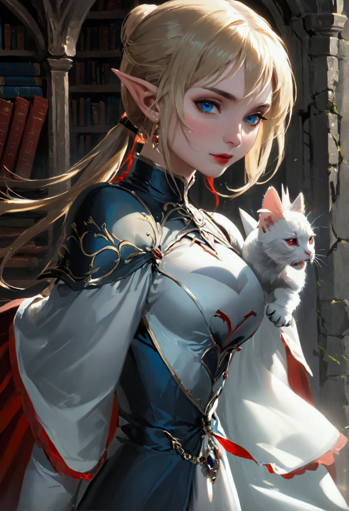 arafed a picture of elf vampire in her castle and her pet epic cat an exquisite beautiful female elf vampire (ultra details, Masterpiece, best quality), bloody mouth blond hair, pale skin, hair in a ponytail, long hair, blue eyes, small pointed ears, cold eyes, smirking, wearing white dress (ultra details, Masterpiece, best quality), red cloak, in dark fantasy library, with an ((big cat: 1.3)) (ultra details, Masterpiece, best quality: 1.5) book shelves, arafed high details, best quality, 16k, [ultra detailed], masterpiece, best quality, (ultra detailed), full body, ultra wide shot, photorealism, RAW, dark fantasy art, gothic art, ArmoredDress, Dark Novel, Dark Art Painting Style, dripping blood