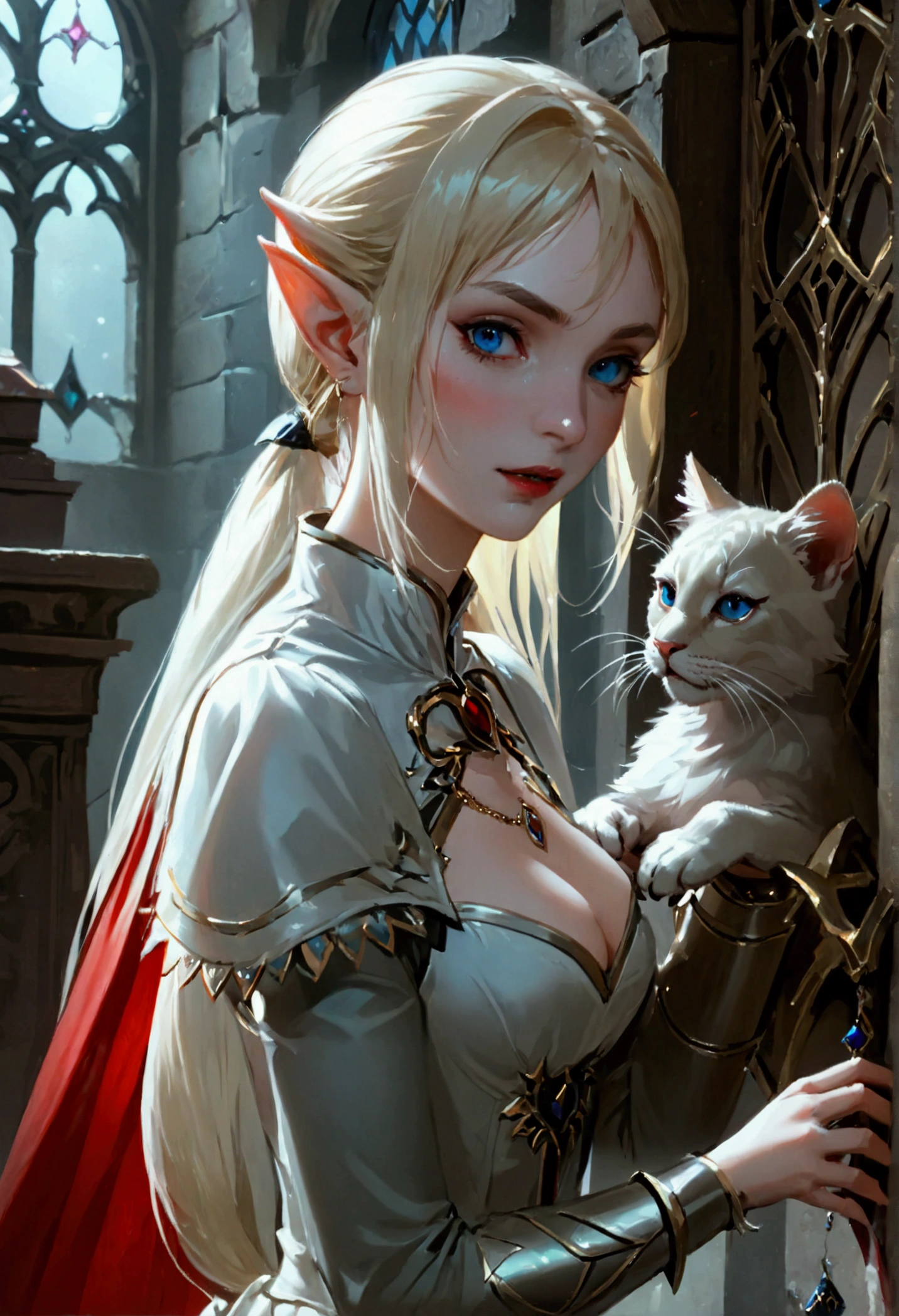 arafed a picture of elf vampire in her castle and her pet epic cat an exquisite beautiful female elf vampire (ultra details, Masterpiece, best quality), bloody mouth blond hair, pale skin, hair in a ponytail, long hair, blue eyes, cold eyes, smirking, wearing white dress (ultra details, Masterpiece, best quality), red cloak, in dark fantasy library, with an big cat (ultra details, Masterpiece, best quality: 1.5) book shelves, arafed high details, best quality, 16k, [ultra detailed], masterpiece, best quality, (ultra detailed), full body, ultra wide shot, photorealism, RAW, dark fantasy art, gothic art, ArmoredDress, Dark Novel, Dark Art Painting Style