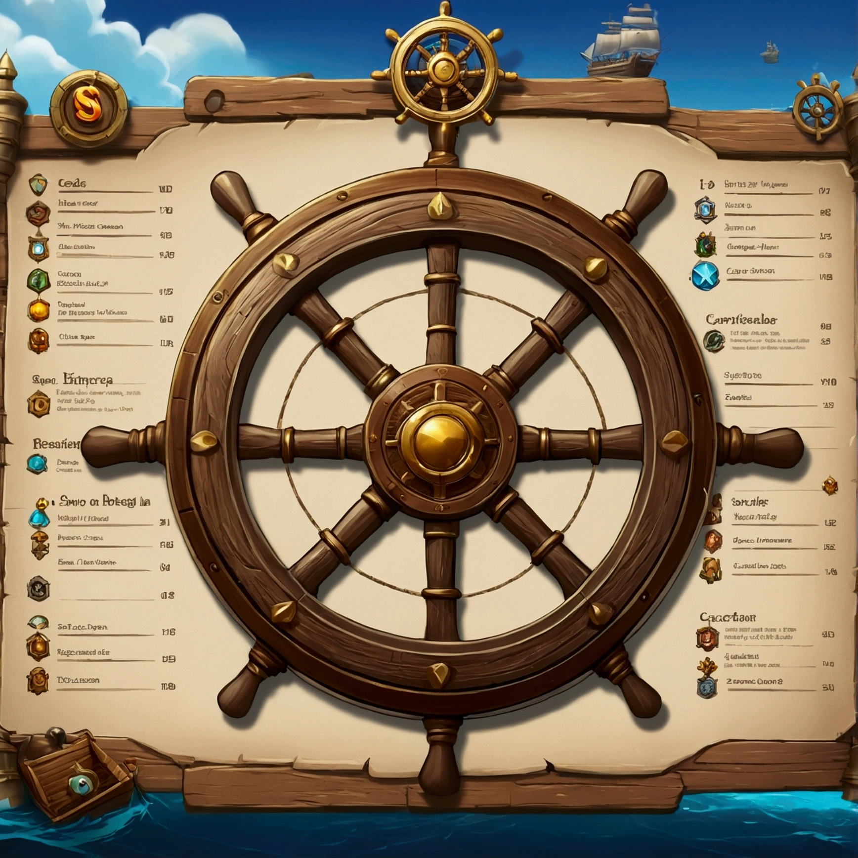 A close-up of a menu with a ship wheel and various icons, Interface do jogo, Interface do jogo, pirate setting, Jogo HUD, game ui asset design, Placa UI, arte do item, game icon asset, game icon stylized, Estilo de cor de Hearthstone, health bar hud, foto menu do restaurante, Captura de tela do PC, tela do jogo, captura de tela detalhada, no oceano, game overlay, .png, sem antecedentes