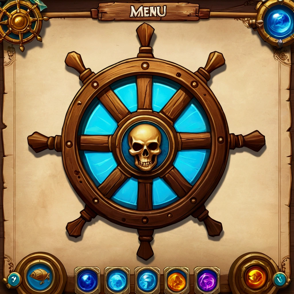 A close-up of a menu with a ship wheel and various icons, Interface do jogo, Interface do jogo, pirate setting, Jogo HUD, game ui asset design, Placa UI, arte do item, game icon asset, game icon stylized, Estilo de cor de Hearthstone, health bar hud, foto menu do restaurante, Captura de tela do PC, tela do jogo, captura de tela detalhada, no oceano, game overlay, .png, sem antecedentes