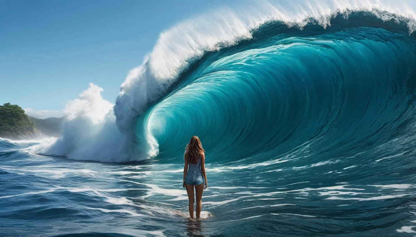 A woman is stranded in the middle of the sea, and sees a giant wave heading her way, hyper realistic