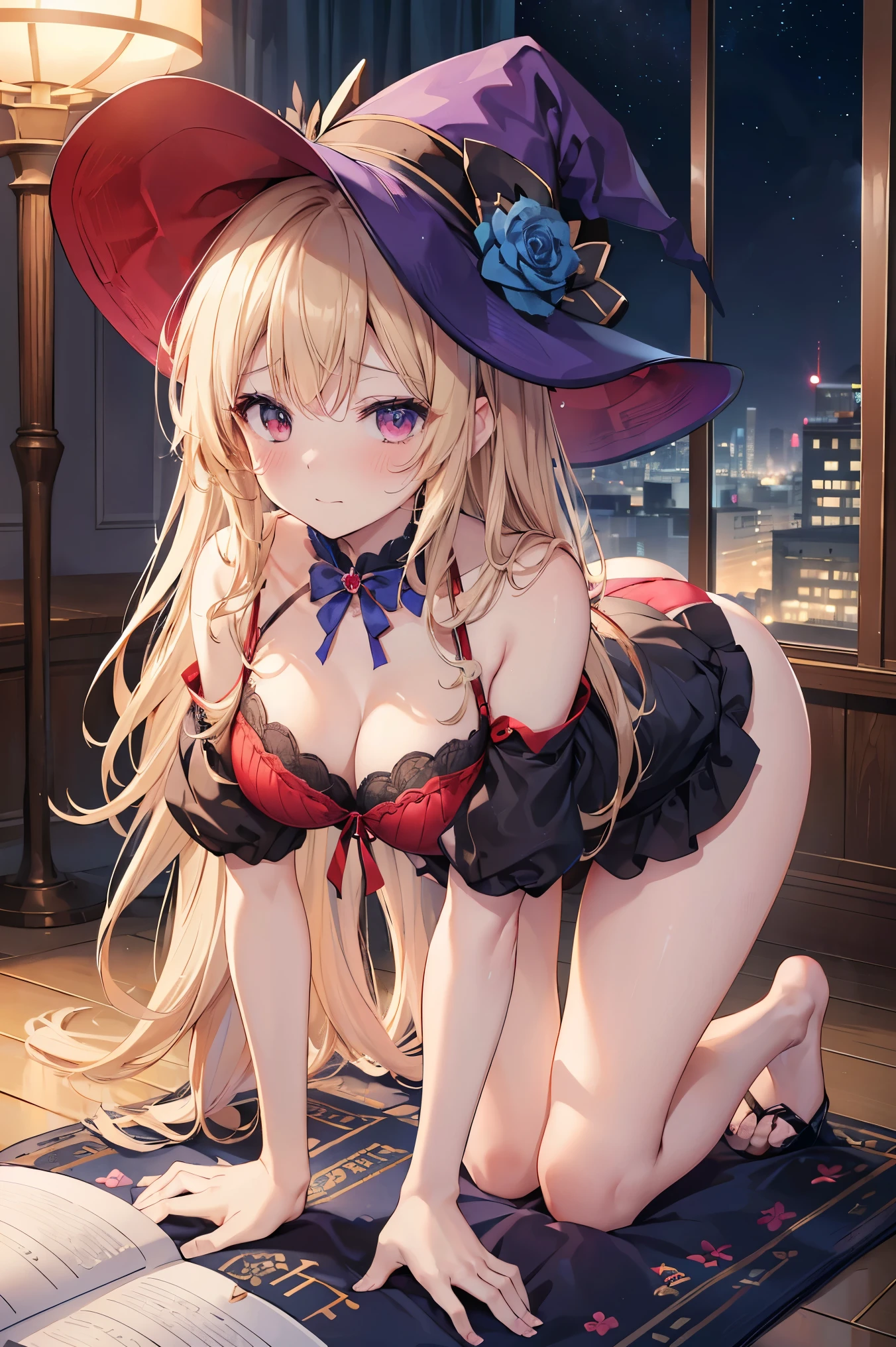 ((Highest quality、High resolution、Highly detailed CG Unity 8k wallpaper))、Adult female, Sexy Witch Cosplay, Long dark blonde wavy hair、Off-the-shoulder knit, Black pencil mini skirt, 、Medium Milk, blush, Embarrassed Laugh, Expose your shoulders、(Pose to lean forward and emphasize the chest)、Sexy purple and red bra、((blue and red lace panties))、Gorgeous magic wand and book、Hotel swimming pool、night、Sexy pose、Accentuate your butt、((Embarrassed expression))、On all fours