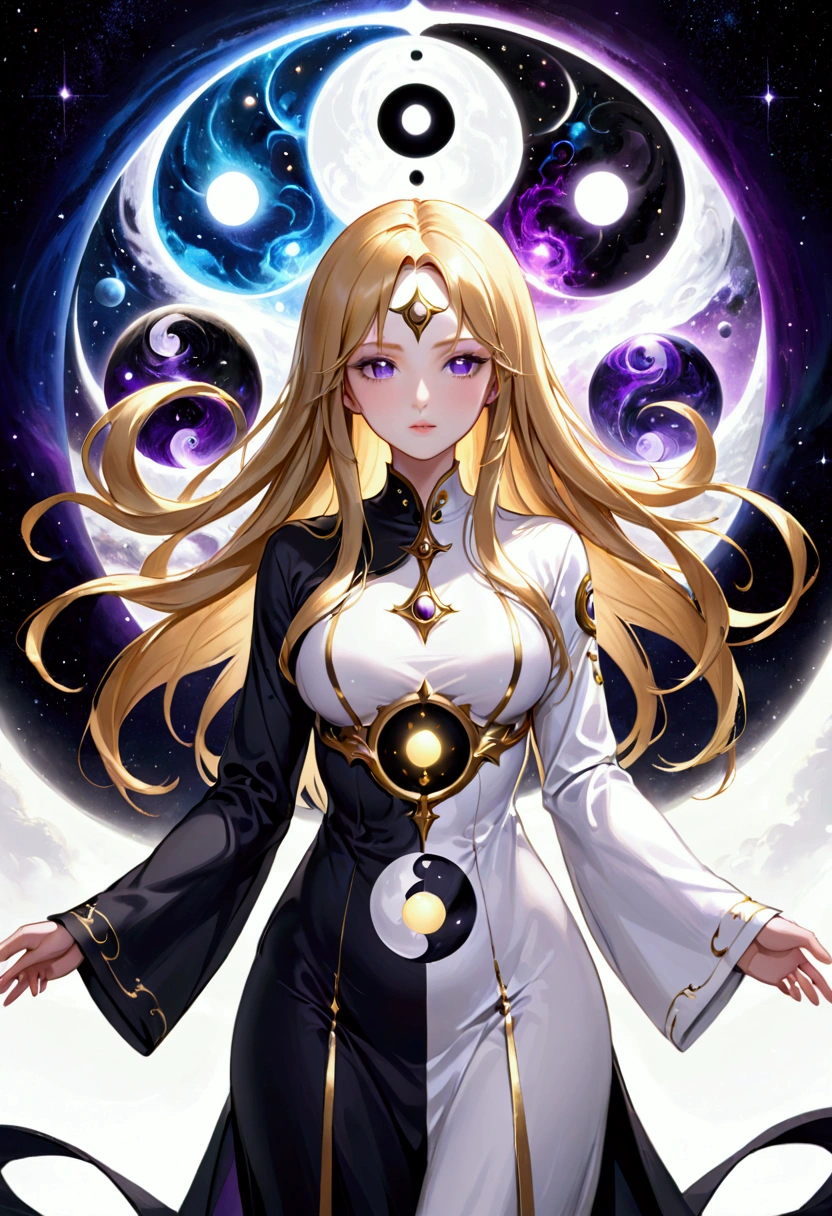 Adult female,long golden hair, purple eyes,hourglass body figure,cosmic aura,black and white ying yang robes