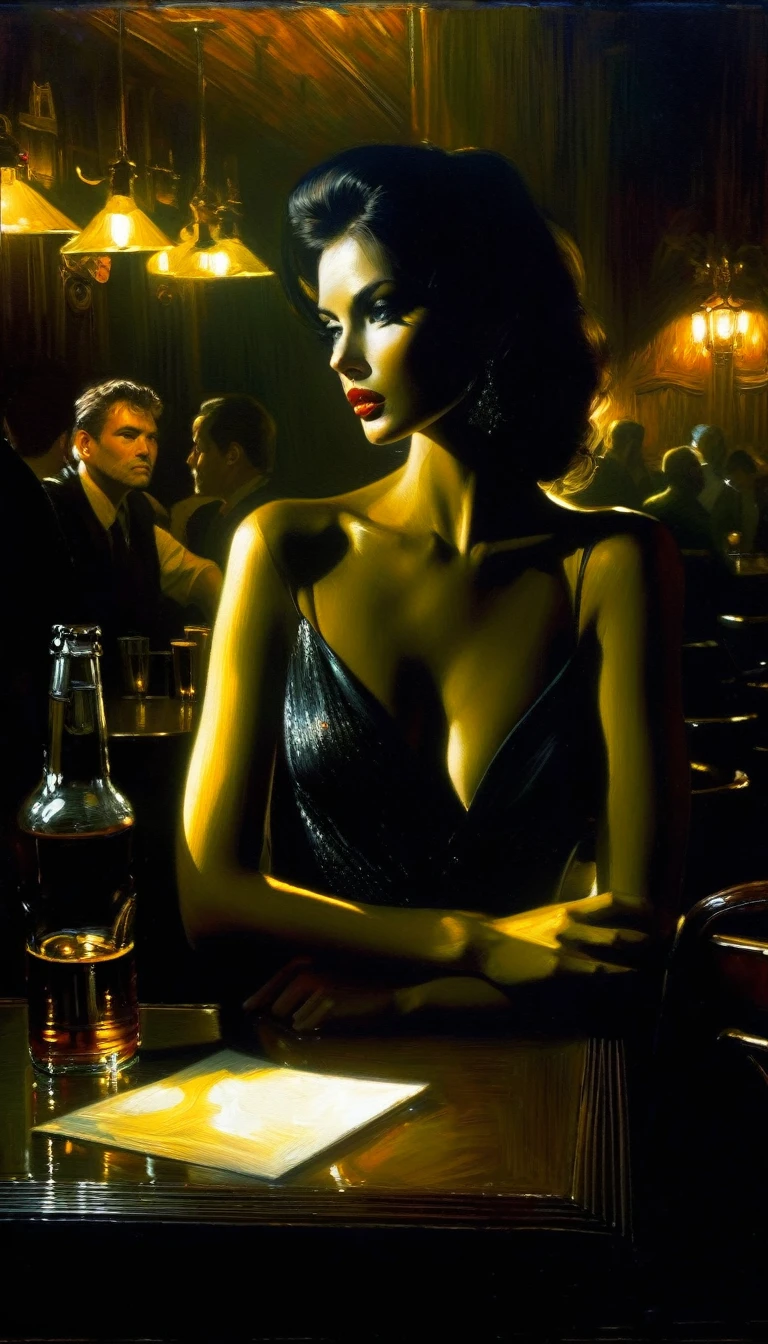 elegant and sexy girl in a pub between shadows, oil painting, chiaroscuro, sensual, dramatic lighting, moody atmosphere, photorealistic, intricate details, masterpiece, ultra-detailed, high quality, 8k, best quality, realistic, cinematic, dark and brooding, expressionistic, powerful composition, emotional impact, Bill Sienkiewicz inspired art
