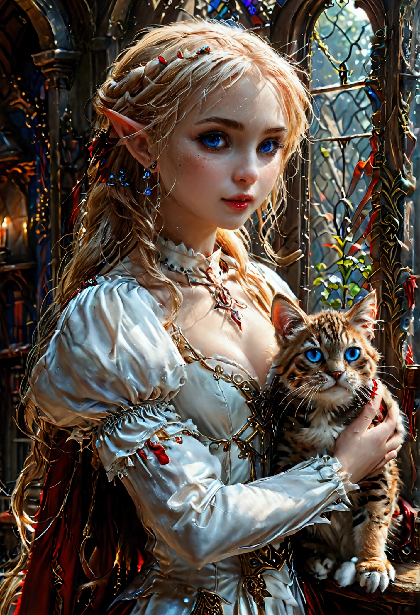 arafed a picture of elf vampire in her castle and her pet epic cat an exquisite beautiful female elf vampire (ultra details, Masterpiece, best quality), bloody mouth blond hair, pale skin, hair in a ponytail, long hair, blue eyes, small pointed ears, cold eyes, smirking, wearing white dress (ultra details, Masterpiece, best quality), red cloak, in dark fantasy library, with an ((big cat: 1.3)) (ultra details, Masterpiece, best quality: 1.5) book shelves, arafed high details, best quality, 16k, [ultra detailed], masterpiece, best quality, (ultra detailed), full body, ultra wide shot, photorealism, RAW, dark fantasy art, gothic art, ArmoredDress, Dark Novel, Dark Art Painting Style, dripping blood