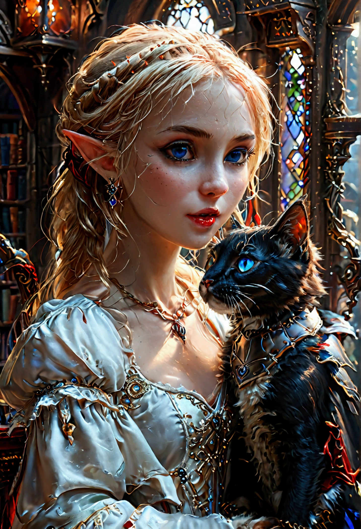 arafed a picture of elf vampire in her castle and her pet epic cat an exquisite beautiful female elf vampire (ultra details, Masterpiece, best quality), bloody mouth blond hair, pale skin, hair in a ponytail, long hair, blue eyes, small pointed ears, cold eyes, smirking, wearing white dress (ultra details, Masterpiece, best quality), red cloak, in dark fantasy library, with an ((big cat: 1.3)) (ultra details, Masterpiece, best quality: 1.5) book shelves, arafed high details, best quality, 16k, [ultra detailed], masterpiece, best quality, (ultra detailed), full body, ultra wide shot, photorealism, RAW, dark fantasy art, gothic art, ArmoredDress, Dark Novel, Dark Art Painting Style, dripping blood