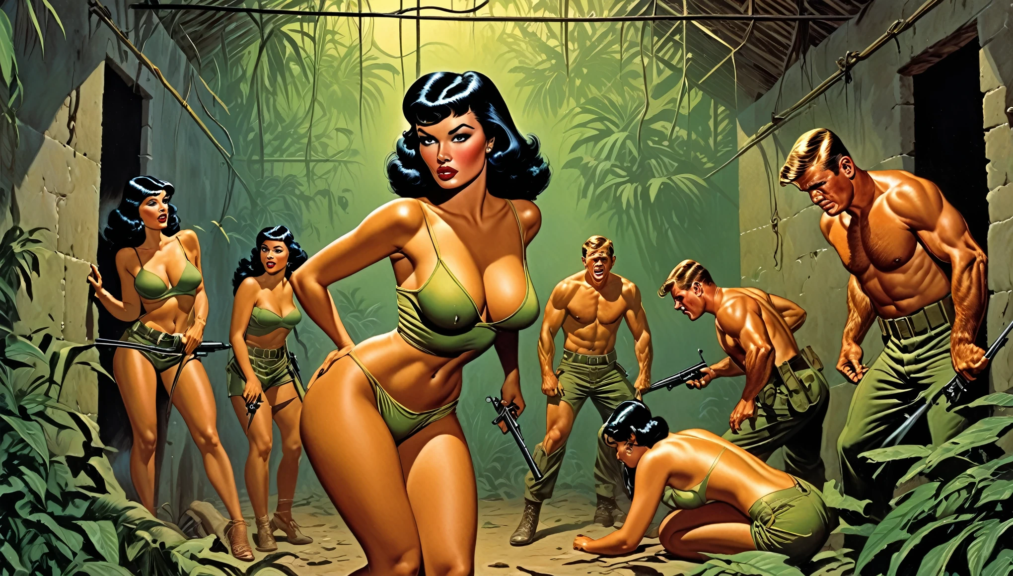 Pretty Filipina girls in a war prison, passionately jerking off a handsome American soldier soldier, his penis is large and erect, dense Philippine jungles, other girls working in the heat, Mort Kunstler vibe, by Joe Kubert, by Brian Bolland, by Frank Frazetta, uncensored, lurid vivid colors, erotic, sweaty, dangerous men, scared girl prisoners, detailed, old retro exploitation film aesthetic, comic book or men's magazine style, HD, 8x, detailed, volumetric lighting
