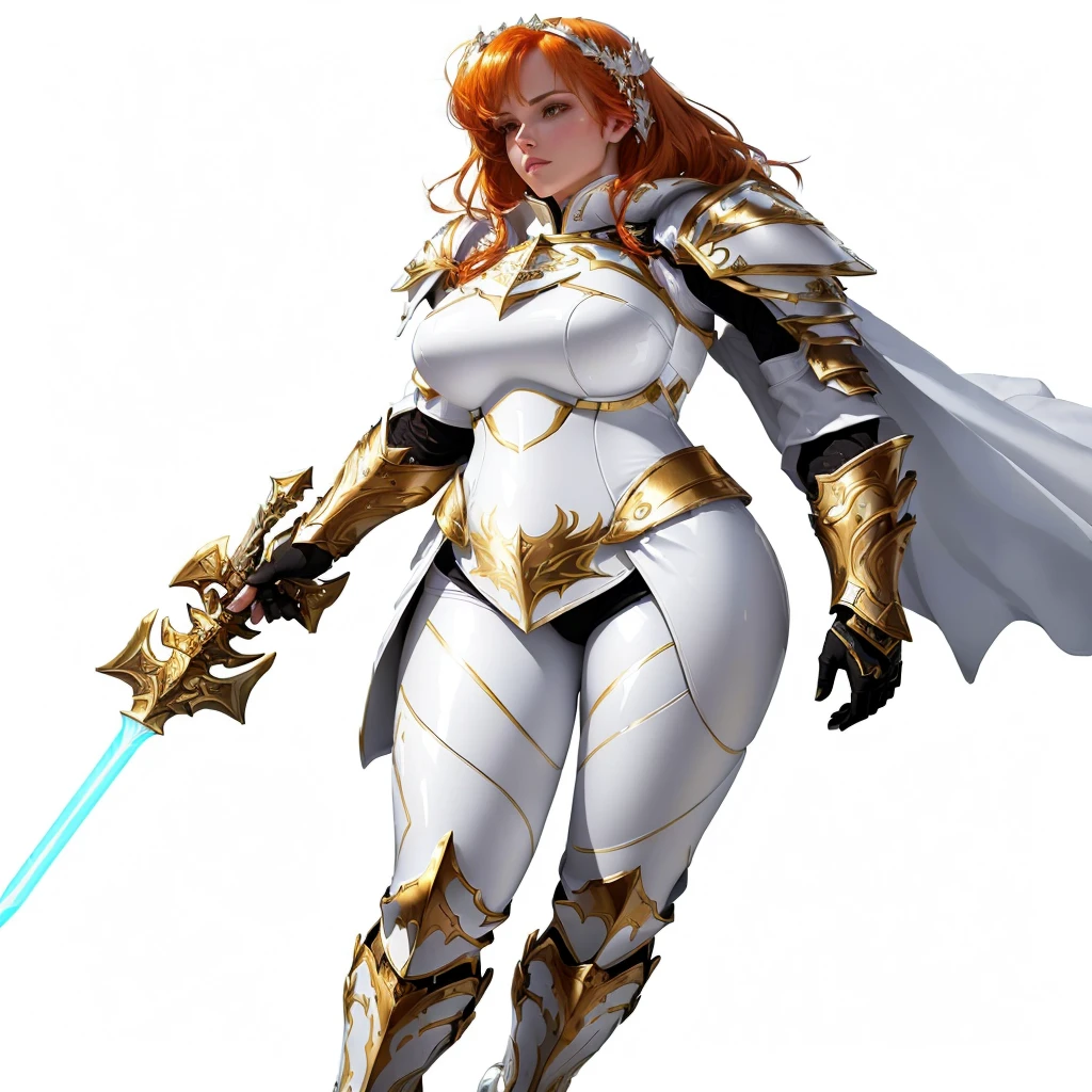 a woman in a white and gold outfit holding a sword, glossy white armor, heavy white and golden armor, female redhead templar, sleek bright white armor, white armor, dressed in light armor, sleek white armor, intricate white and gold armor, detailed white armor, streamlined white armor, bikini armor female knight, gorgeous female paladin, female paladin, female knight