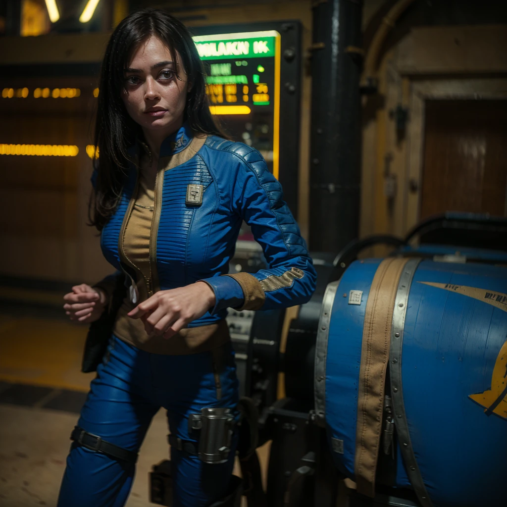 (One person). Fallout TV series. Inside a dimly lit large room in a post-apocalyptic casino in Las Vegas. Vaultsuit Lucy, an 18-year-old vault dweller wearing a blue and gold vaultsuit, her black hair disheveled, clutching a large gun in a dimly lit, post-apocalyptic casino. Cinematic. realistic colors, realistic, photorealistic