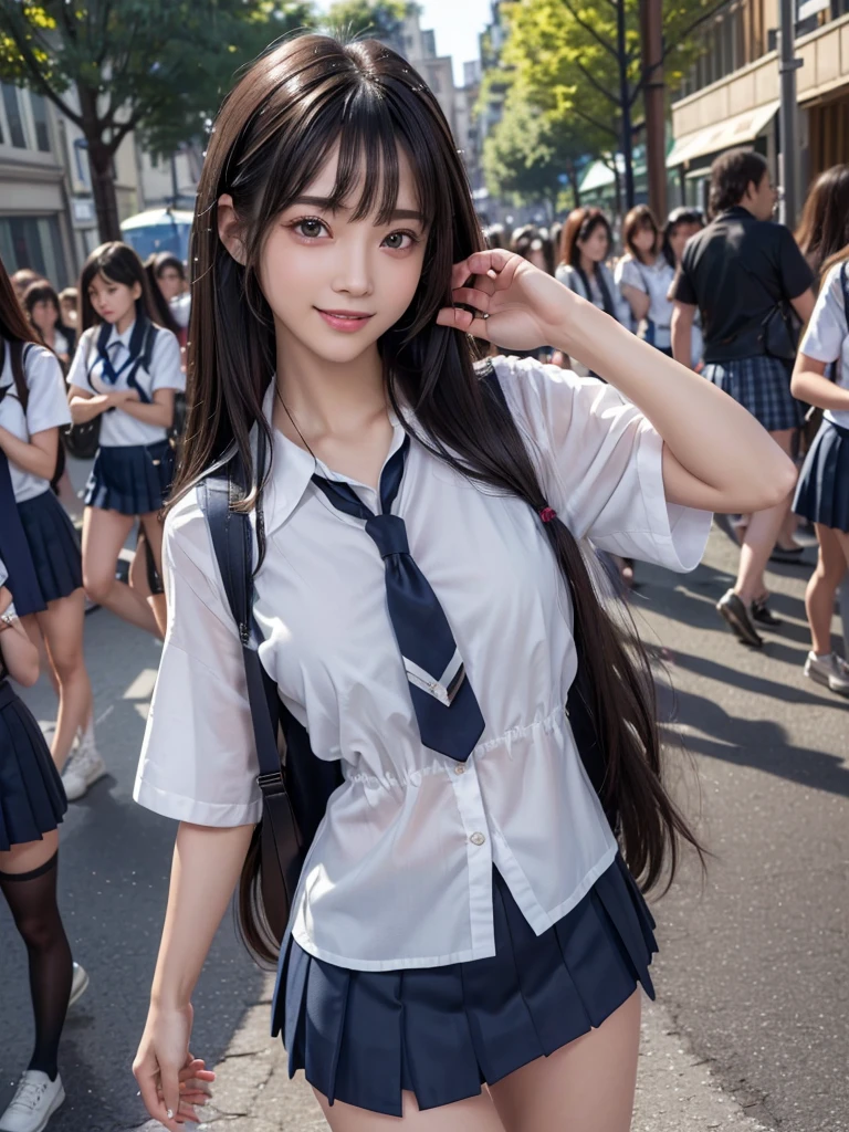 (8k, RAW Photos, Highest quality, masterpiece:1.2), (Realistic, photo-Realistic:1.4), (extremely detailed 8k wallpaper), ((Full Body Shot)), (((1 girl))), Sharp focus, Depth of written boundary, Cinematic lighting, Soft Light, (緻密な美しさのeye, eye_Chan, Very beautiful 17 year old girl, innocent big eyes, Realistic, photo Realistic, Highly detailed cute girl, (Thin thighs), (Model body type), (Black Hair), (Medium Bob Hair), (Asymmetrical bangs), ((A happy smile)), Glowing Skin, Ultra-dense skin ,High resolution, High Detail, Detailed hairstyle, Detailed facial beauty, hyper Realistic, Perfect limbs, Perfect Anatomy, Perfect female body, (school uniform:1.3),(Mini Skirt Navy blue checked micro mini skirt), Watching the audience, (Crowded city street:1.3)