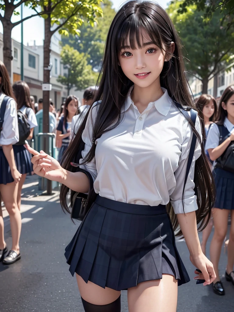 (8k, RAW Photos, Highest quality, masterpiece:1.2), (Realistic, photo-Realistic:1.4), (extremely detailed 8k wallpaper), ((Full Body Shot)), (((1 girl))), Sharp focus, Depth of written boundary, Cinematic lighting, Soft Light, (緻密な美しさのeye, eye_Chan, Very beautiful 17 year old girl, innocent big eyes, Realistic, photo Realistic, Highly detailed cute girl, (Thin thighs), (Model body type), (Black Hair), (Medium Bob Hair), (Asymmetrical bangs), ((A happy smile)), Glowing Skin, Ultra-dense skin ,High resolution, High Detail, Detailed hairstyle, Detailed facial beauty, hyper Realistic, Perfect limbs, Perfect Anatomy, Perfect female body, (school uniform:1.3),(Mini Skirt Navy blue checked micro mini skirt), Watching the audience, (Crowded city street:1.3)