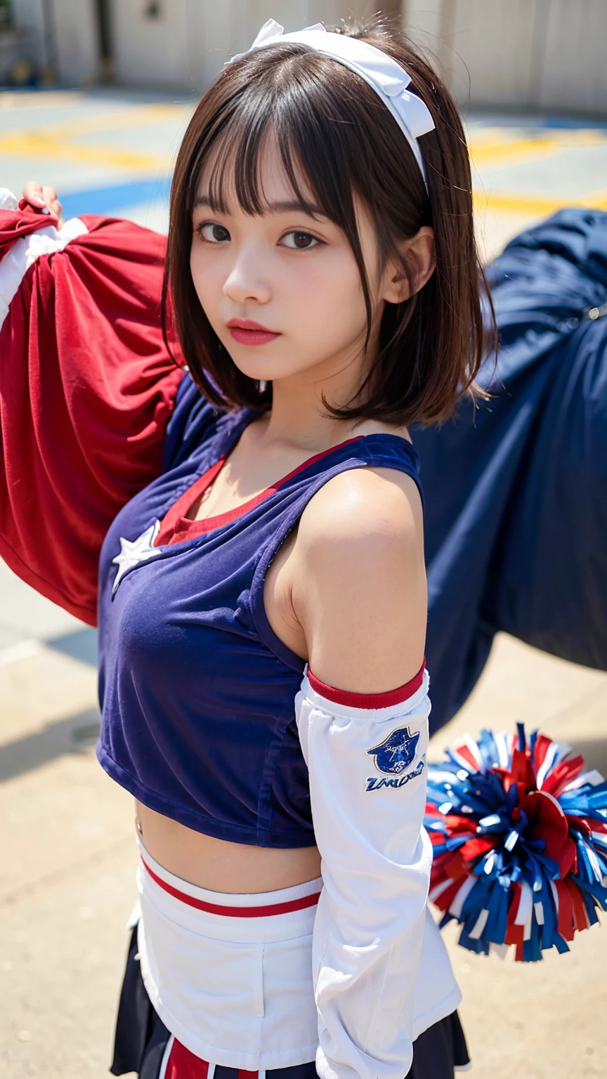 ((Velour fabric cheerleader uniform with blue, white, and red long-sleeved top and hemmed skirt showing skin on shoulders, back, and décolleté:1.5)), 1girl, (18 years old:1.5), (black medium hair:1.2), (bob cut:1.3), (blunt bangs:1.4), medium breasts, (perfect face:1.4), super detailed beautiful skin, (abs:0.7), (round face:1.5), (skinny:1.5), masterpiece, ultra high res, 8k, RAW photo, best quality, detailed shadow, amazing, finely detail, sharp focus, (standing naturally:1.5), (cowboy shot:1.3), (front view:1.5), (detailed and structured patterns:1.5), (looking at viewer:1.2),
