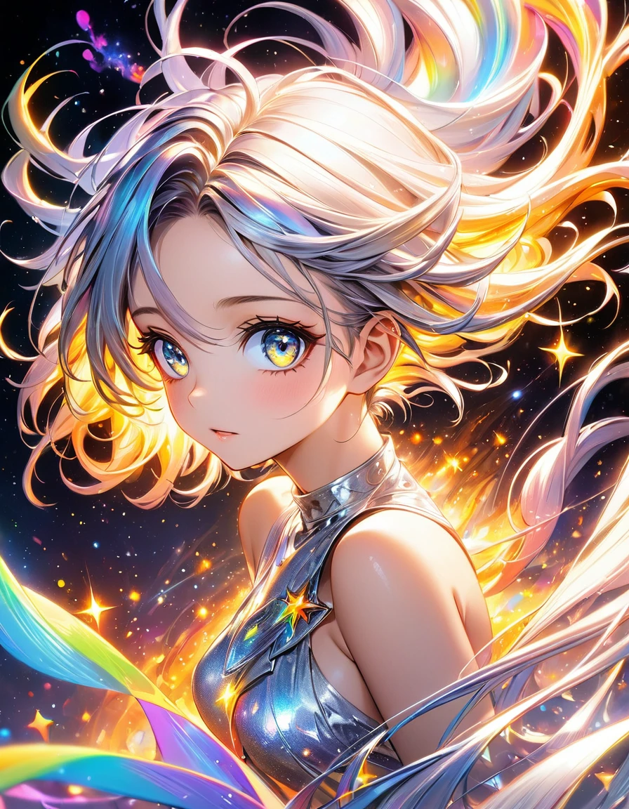 In a mesmerizing cascade of color and light, an enchanting anime girl sexy hot all golden stars candroites viewers with her ethereal beauty. Her delicate features are framed by cascading locks of shimmering long white Black fire neon hair, her wide, expressive eyes big silver radiating with emotion. A digital painting brings this stunning character to life, depicting her in intricate detail with a seamless blend of realism and fantasy. Every brushstroke and pixel showcases the artist's skill and dedication, making this image a