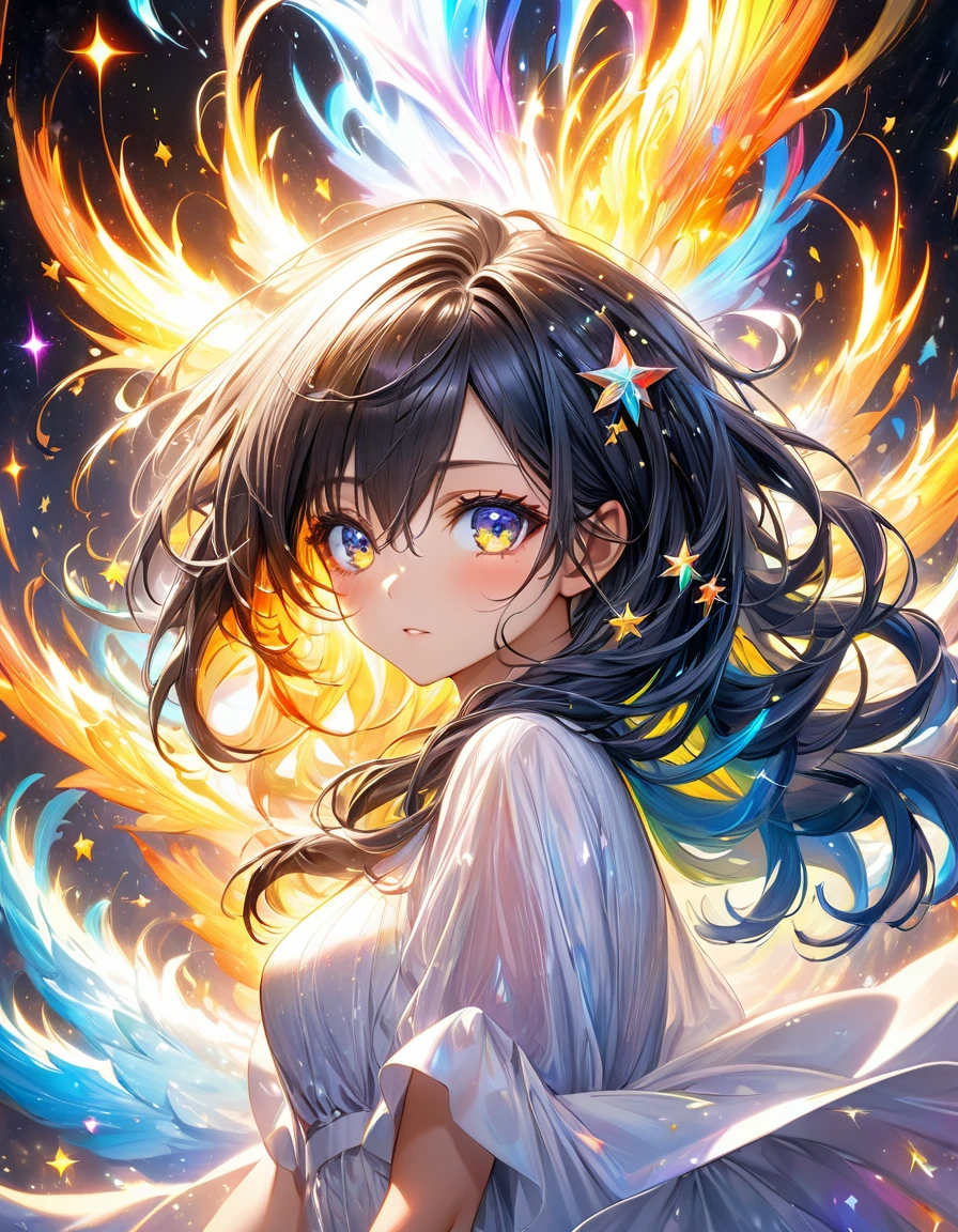 In a mesmerizing cascade of color and light, an enchanting anime girl sexy hot all golden stars candroites viewers with her ethereal beauty. Her delicate features are framed by cascading locks of shimmering long white Black fire neon hair, her wide, expressive eyes big silver radiating with emotion. A digital painting brings this stunning character to life, depicting her in intricate detail with a seamless blend of realism and fantasy. Every brushstroke and pixel showcases the artist's skill and dedication, making this image a