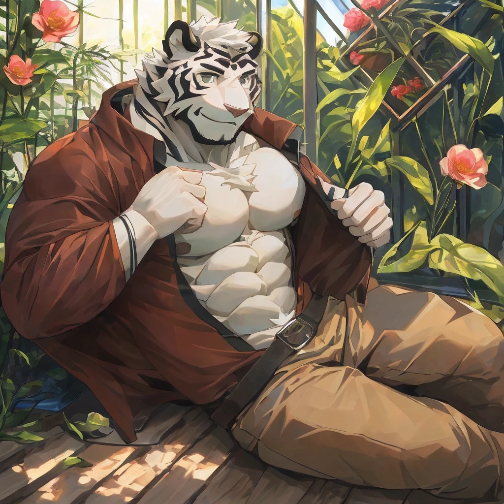 masterpiece,best quality,greenhouse，Sunlight，Flowers，plant，Male focus，Tiger-type orcs，(sports:1.5), (White fur,Black eyebrows:1.5), Agate-colored delicate eyes,Black nose，Five fingers，Strong body，Pectoralis major，Eight-pack abs，Showing chest muscles，Waist belt，Transparent raincoat，Smirk