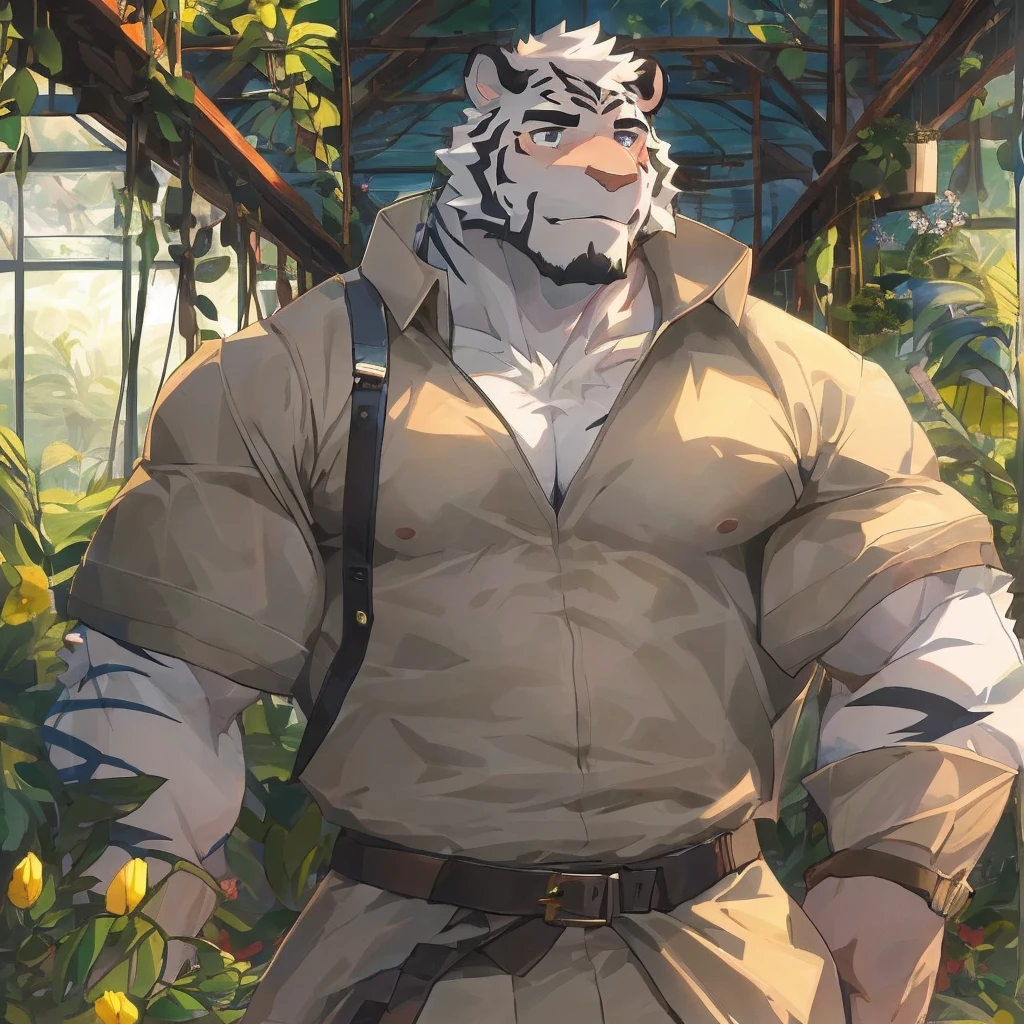 masterpiece,best quality,greenhouse，Sunlight，Flowers，plant，Male focus，Tiger-type orcs，(sports:1.5), (White fur,Black eyebrows:1.5), Agate-colored delicate eyes,Black nose，Five fingers，Strong body，Pectoralis major，Eight-pack abs，Showing chest muscles，Waist belt，Transparent raincoat，Smirk