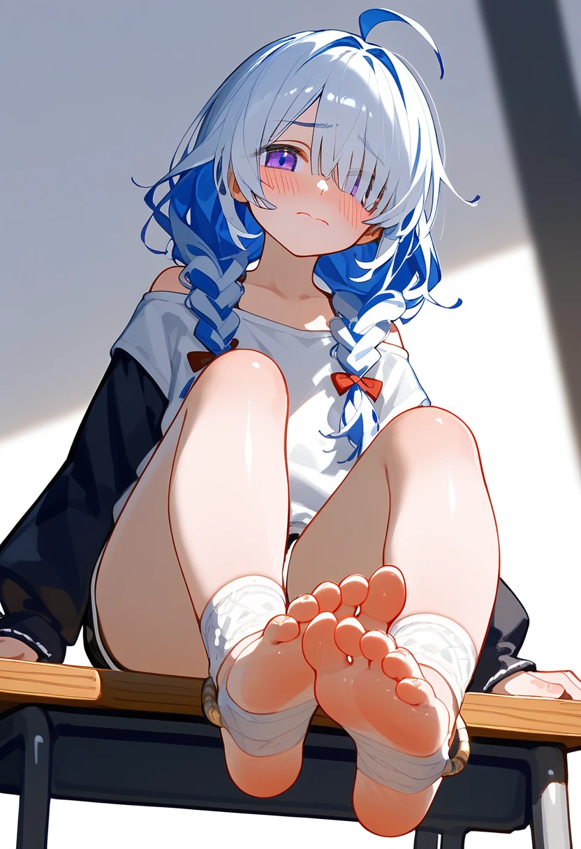 score_9, score_8_up,score_7_up, BREAK, 1boy, solo, white hair, long hair, ahoge, desk,sitting on desk,foot up, soles,foot focus,from below,anklet, ((wearing red ankle socks)), 5toes, masterpiece, 1girl, looking at viewer, hiquality, hight resolution, ultra-detailliert, high-level image quality, hightquality, anime illustrated, (finely detailed beautiful eye: 1.2), Detailed eye depiction, (finely detailed eyes and detailed face:1.3), (extremely details CG, Best Shadow:1.1), Depth of field and blur, (Perfect Detail: 1.1) , digitial illustration, Enamel Art, Center, Watercolor painting, art stations, concept-art, character sheets, Lightning Wave, beautiful anime watercolors, Vibrant colors, art by:hyung tae kim, Fine detail, intricate detailes, Curvaceous body, Detailed eye depiction, Vibrant colors,((Nervous expression)) 1 girl, solo, purple eye, barefoot, closed mouth, left covering eye, bang covering left eye, hair on left eye, hair covered left eye, left eye hidden by hair, blue hair, simple background, looking at viewer, white t-shirt, two braids, bare shoulders, sitting, feet, bangs, toes,long sleeves, blush, blushing, bandages, soles, curly legs, ribbon on leg, long hair, shiny lips, shiny skin, scared, shiny hair, sunny day, dramatic lighting, official artwork, 8k, black mini shorts, long braids, feet focus, fantasy outfit, collarbone,