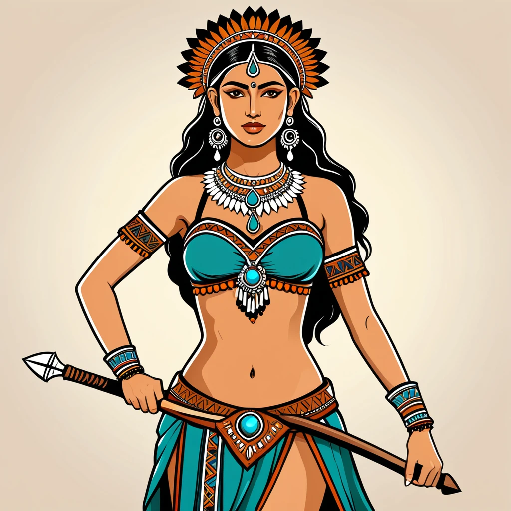 viking amazon in indian folk outfit, vector graphics, strong contours