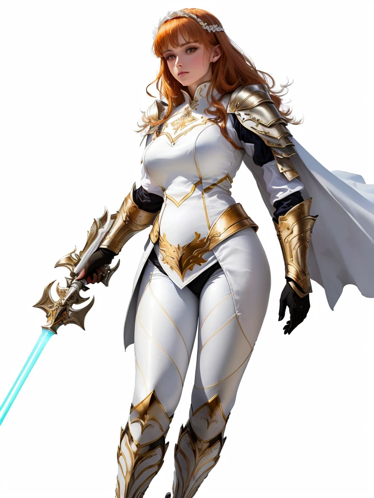 une femme dans une tenue blanche et dorée tenant une épée, glossy armure blanche, lourde armure blanche et dorée, templière rousse, sleek bright armure blanche, armure blanche, vêtu d'une armure légère, sleek armure blanche, armure complexe blanche et dorée, detailed armure blanche, streamlined armure blanche, bikini armor Femme Chevalier, gorgeous paladin femelle, paladin femelle, Femme Chevalier