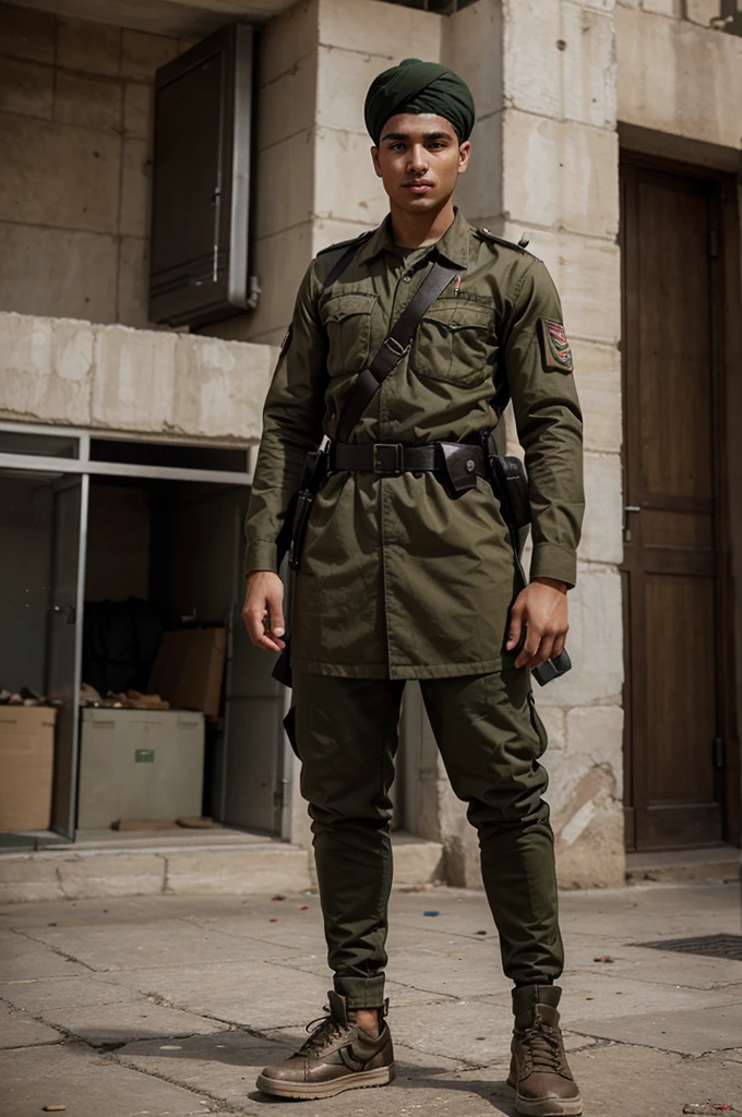 A handsome young man aged 20 years wearing Palestinian army armor complete with a turban and army shoes. The young man&#39;s position is holding a weapon with his eyes turned towards the target. The background of the city of Gaza is completely destroyed, surrounded by flames. Very clear 8K Ultra HD image.